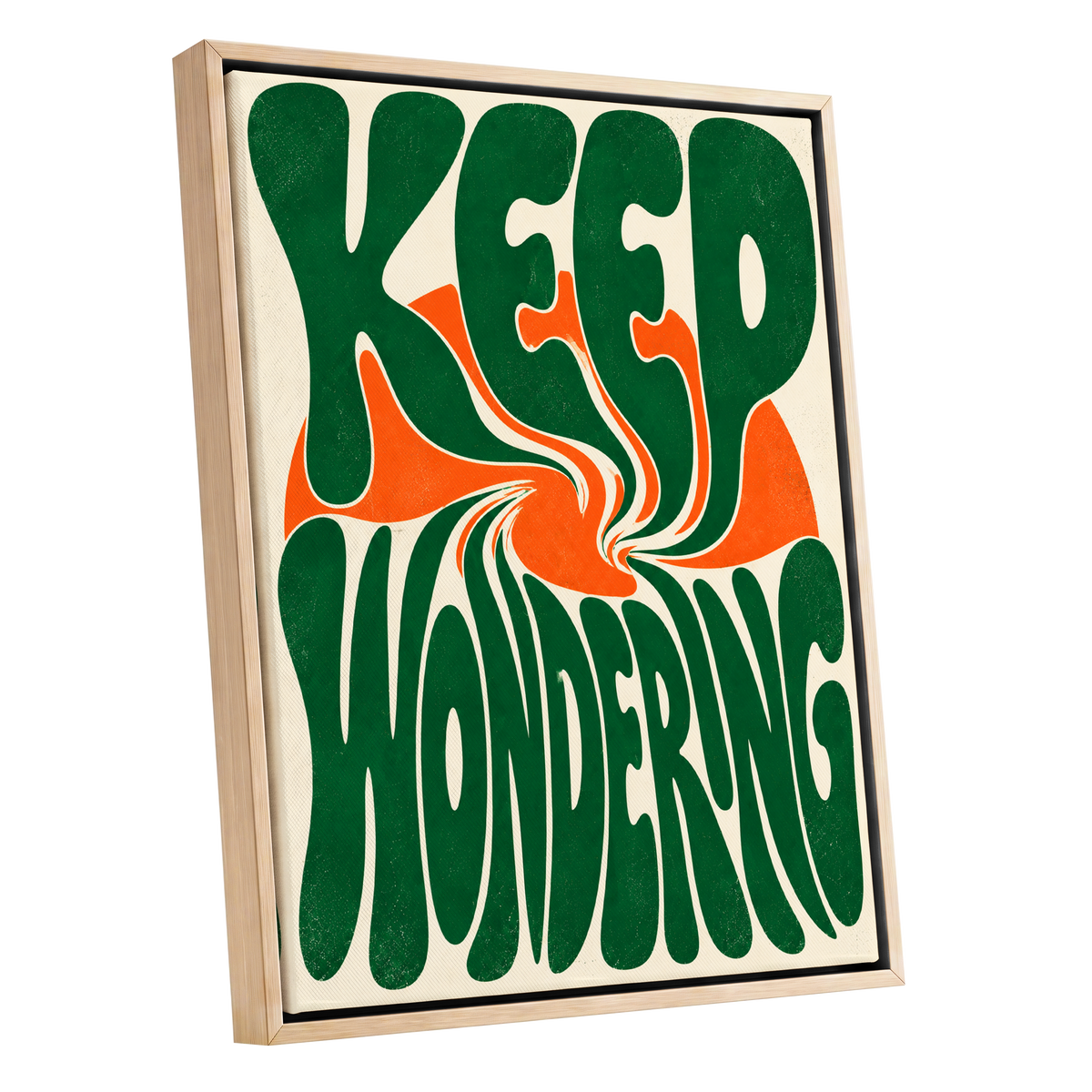 Wonder in a Whirl, green, orange, beige abstract wall art shown as a oak framed canvas wall art
