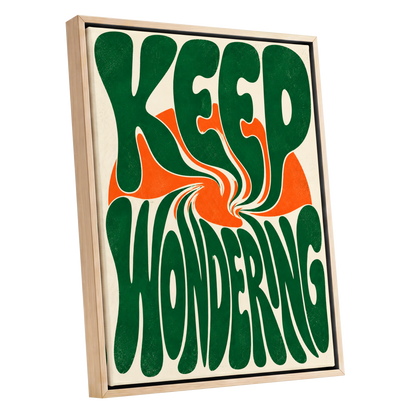 Wonder in a Whirl, green, orange, beige abstract wall art shown as a oak framed canvas wall art