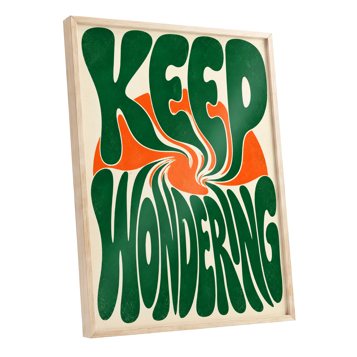 Wonder in a Whirl, green, orange, beige abstract wall art shown as a oak framed poster wall art print