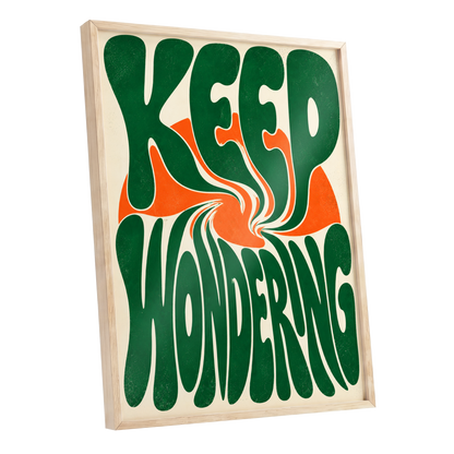 Wonder in a Whirl, green, orange, beige abstract wall art shown as a oak framed poster wall art print