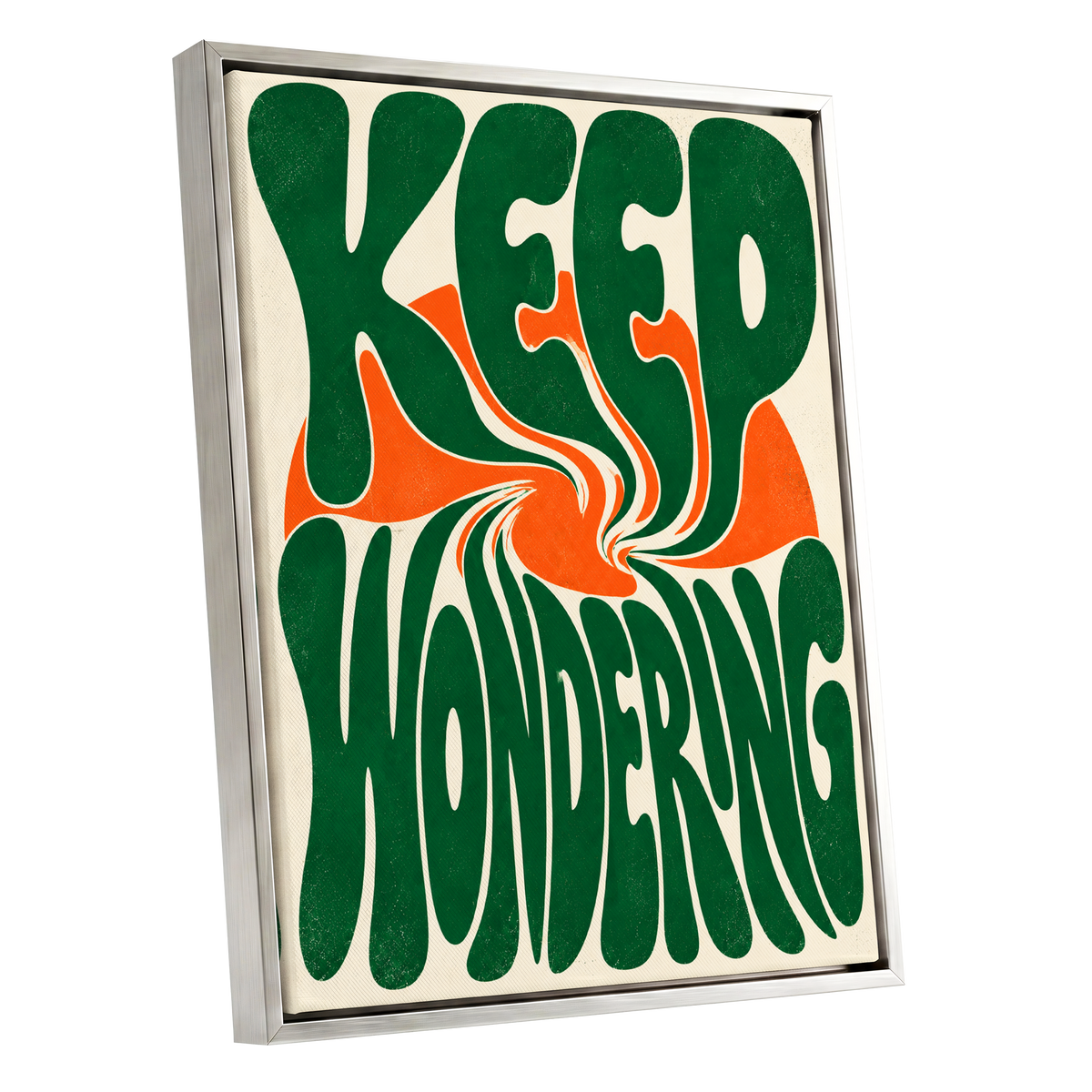 Wonder in a Whirl, green, orange, beige abstract wall art shown as a silver framed canvas wall art