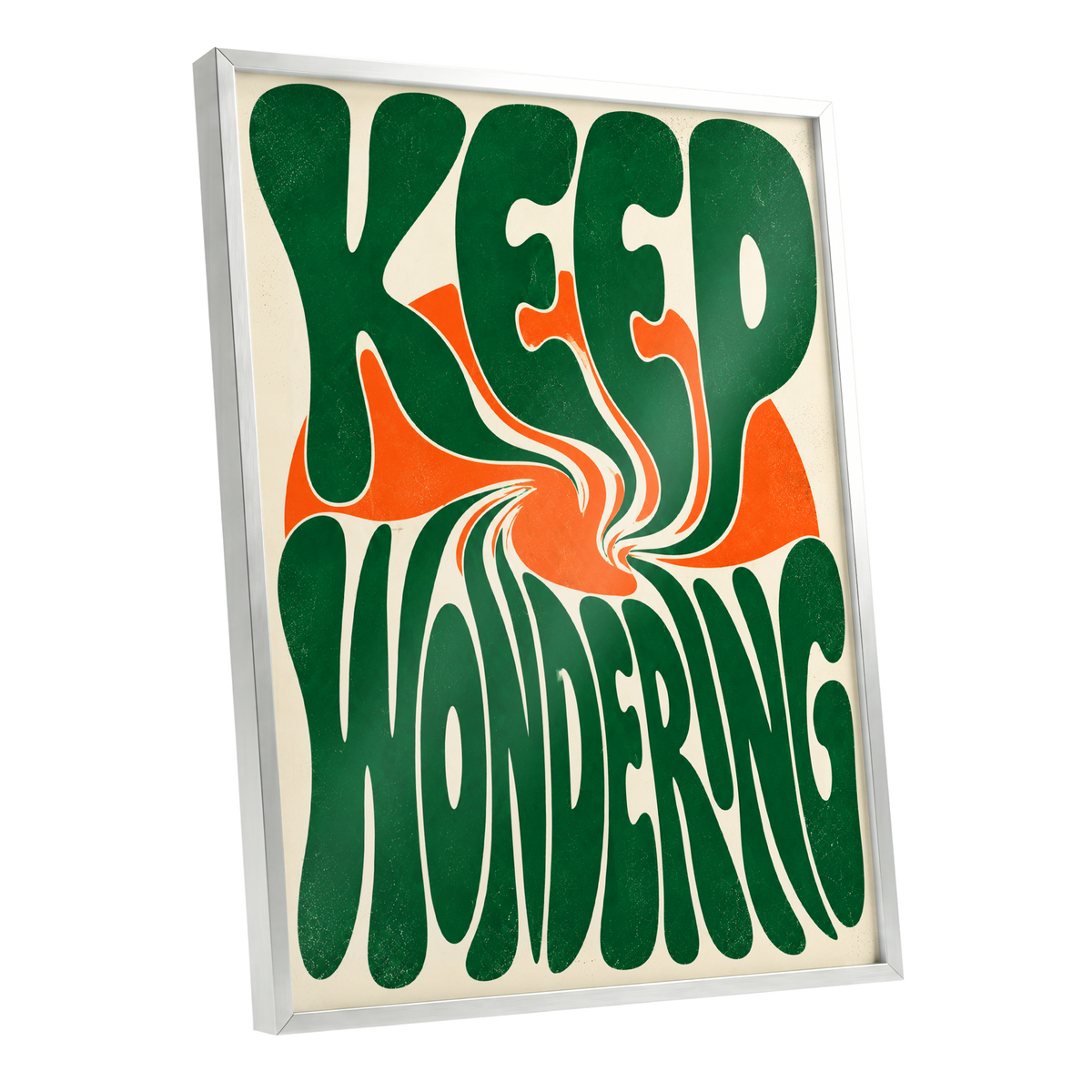 Wonder in a Whirl, green, orange, beige abstract wall art shown as a silver framed poster wall art print