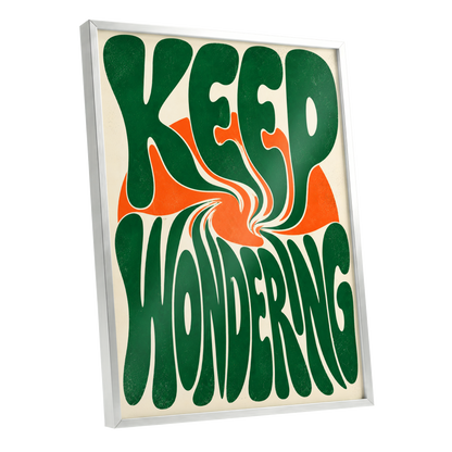 Wonder in a Whirl, green, orange, beige abstract wall art shown as a silver framed poster wall art print