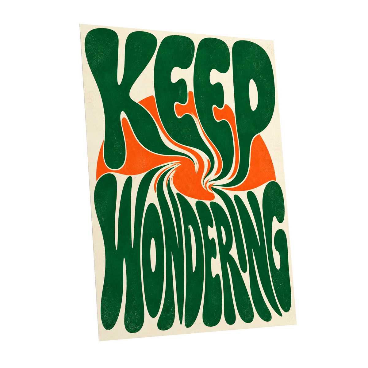 Wonder in a Whirl, green, orange, beige abstract wall art shown as a unframed poster wall art print