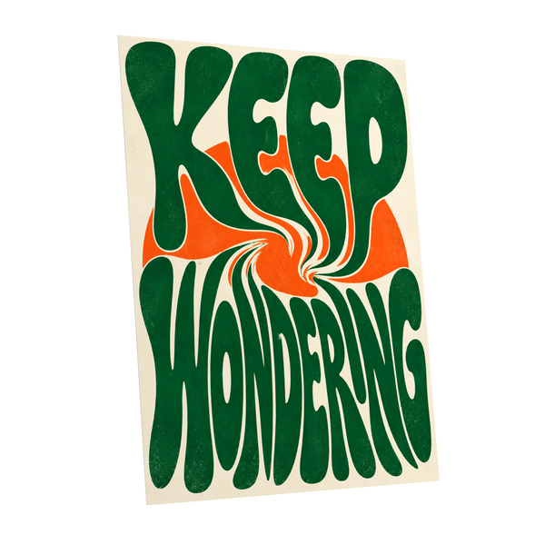 Wonder in a Whirl, green, orange, beige abstract wall art shown as a unframed poster wall art print
