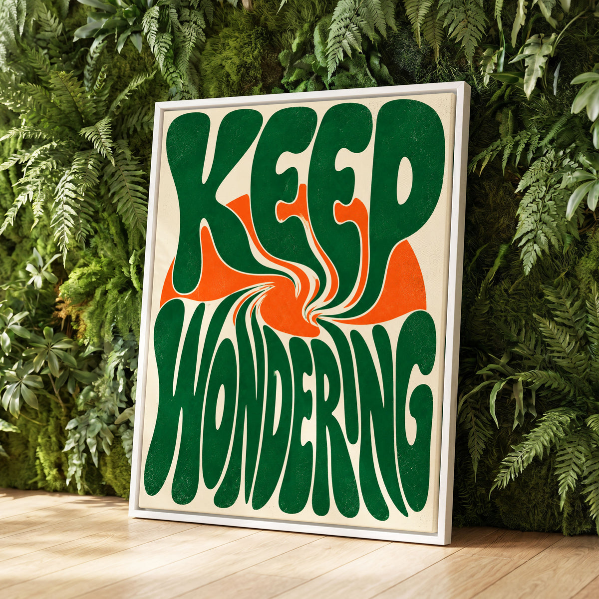 Wonder in a Whirl, green, orange, beige abstract wall art displayed in a styled interior, gallery view 1