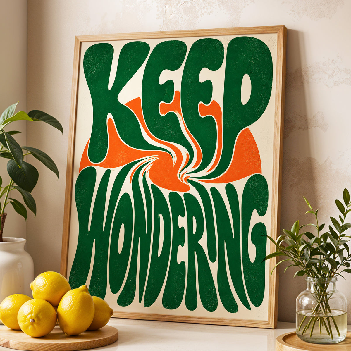 Wonder in a Whirl, green, orange, beige abstract wall art displayed in a styled interior, gallery view 2
