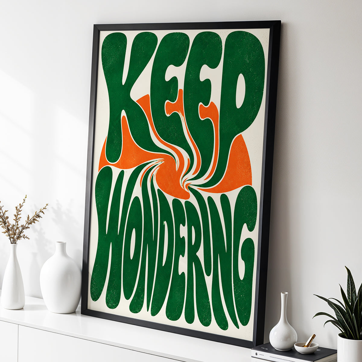 Wonder in a Whirl, green, orange, beige abstract wall art displayed in a styled interior, gallery view 3