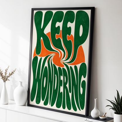 Wonder in a Whirl, green, orange, beige abstract wall art displayed in a styled interior, gallery view 3