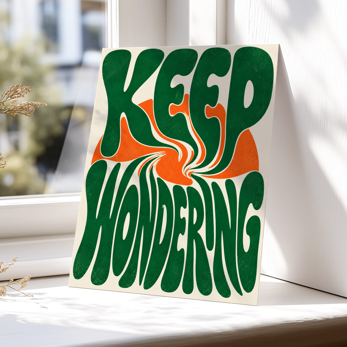 Wonder in a Whirl, green, orange, beige abstract wall art displayed in a styled interior, gallery view 4