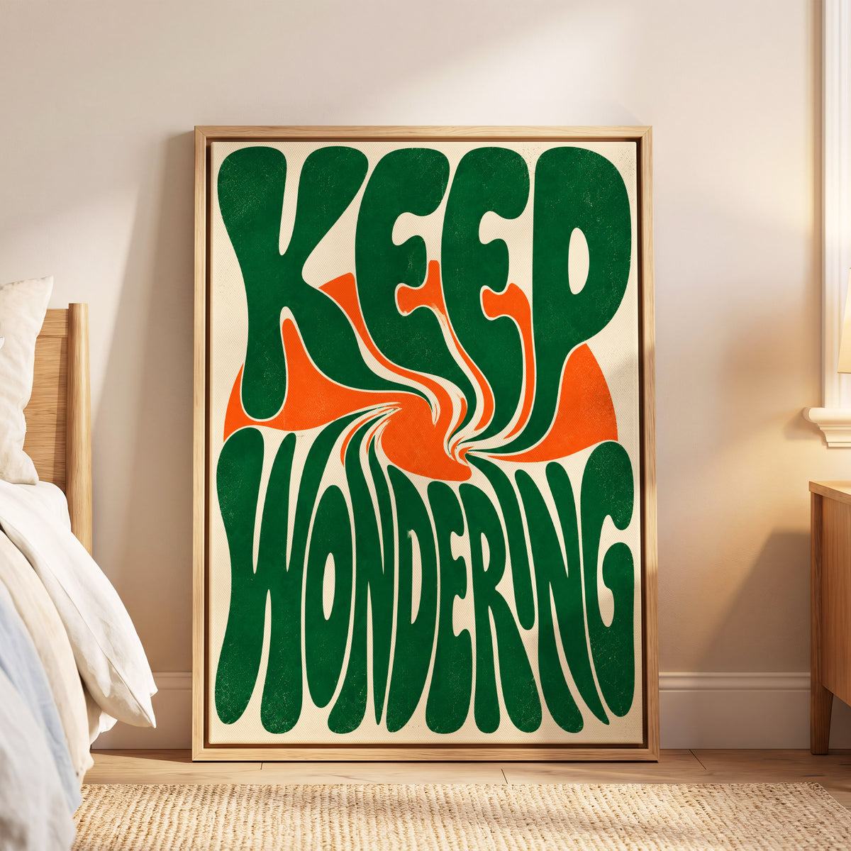 Wonder in a Whirl, green, orange, beige abstract wall art displayed in a styled interior, gallery view 5