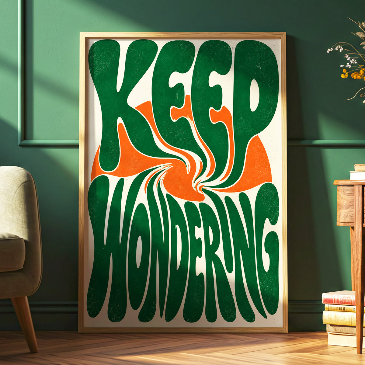 Wonder in a Whirl, green, orange, beige abstract wall art displayed in a styled interior, gallery view 6