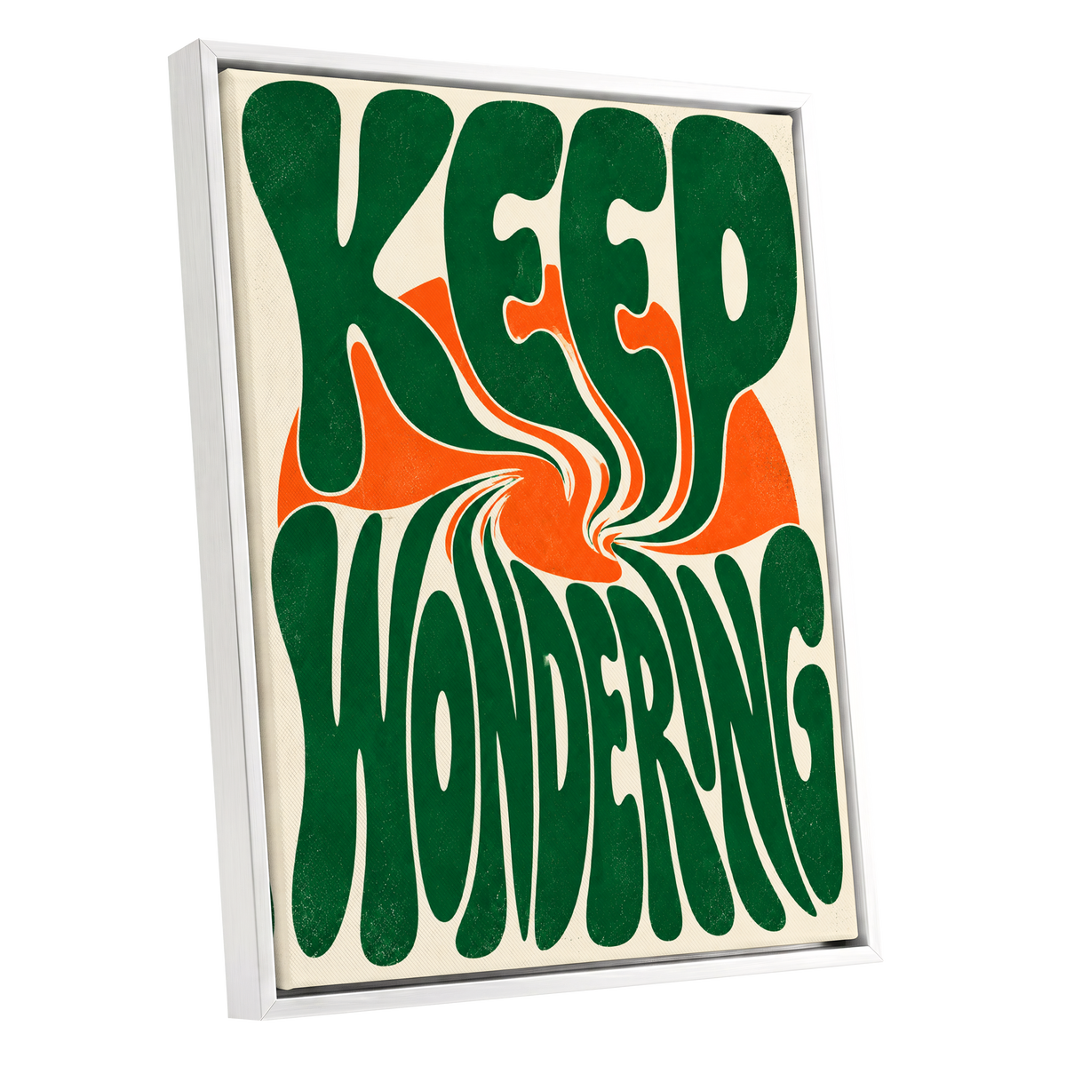 Wonder in a Whirl, green, orange, beige abstract wall art shown as a white framed canvas wall art