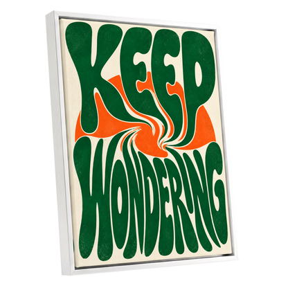 Wonder in a Whirl, green, orange, beige abstract wall art shown as a white framed canvas wall art