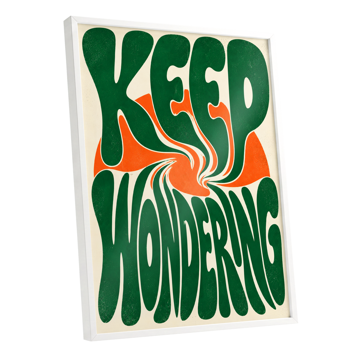 Wonder in a Whirl, green, orange, beige abstract wall art shown as a white framed poster wall art print