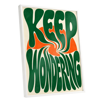 Wonder in a Whirl, green, orange, beige abstract wall art shown as a white framed poster wall art print