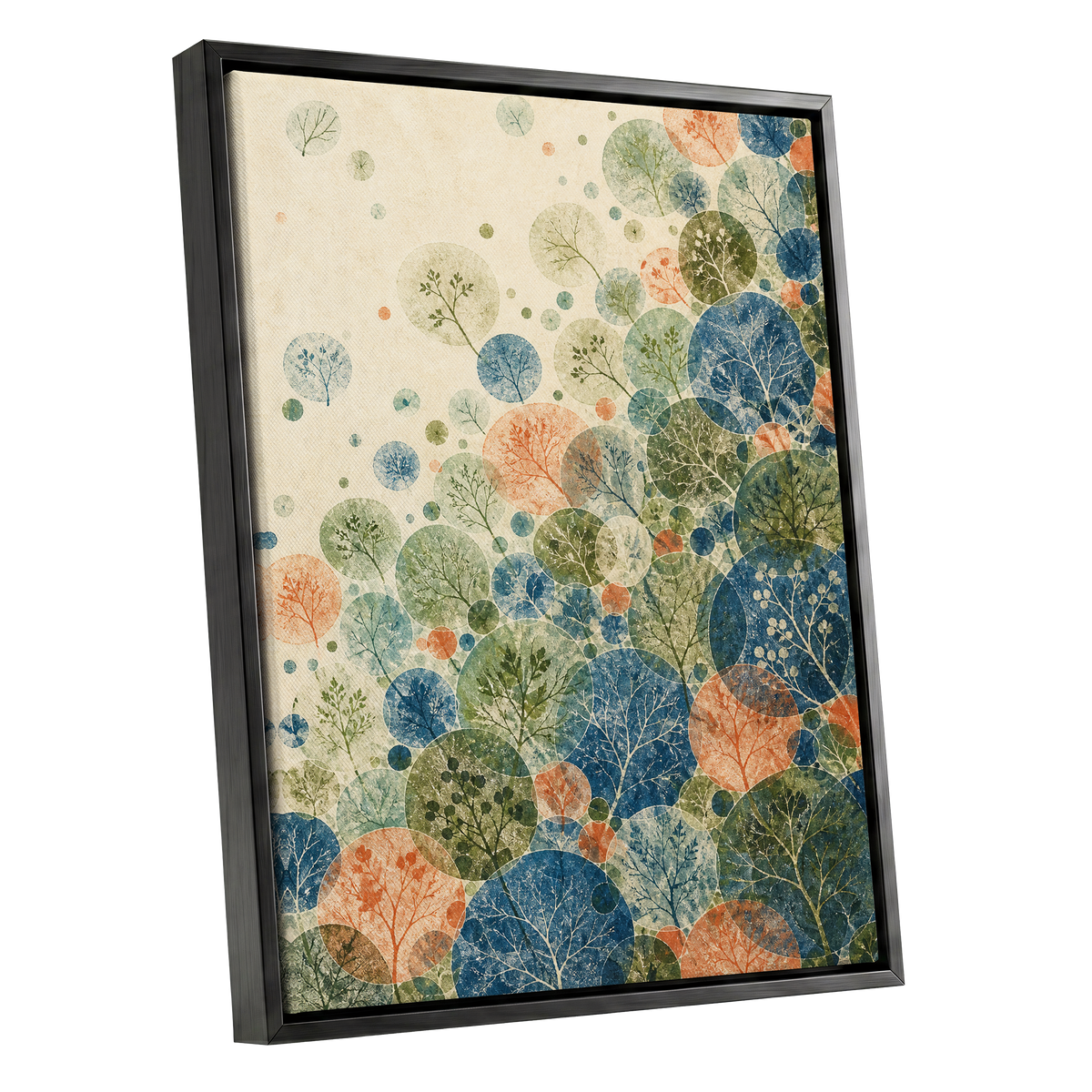 Woodland Constellations, blue, green, beige nature wall art shown as a black framed canvas wall art