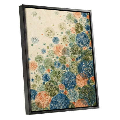 Woodland Constellations, blue, green, beige nature wall art shown as a black framed canvas wall art