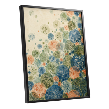 Woodland Constellations, blue, green, beige nature wall art shown as a black framed poster wall art print