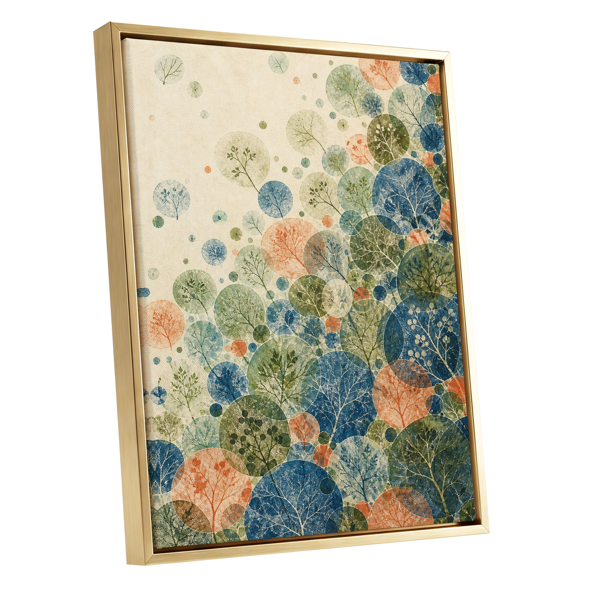 Woodland Constellations, blue, green, beige nature wall art shown as a gold framed canvas wall art