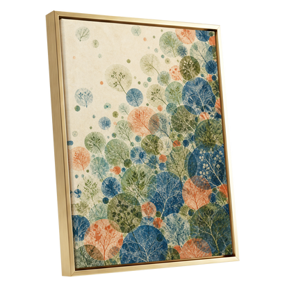 Woodland Constellations, blue, green, beige nature wall art shown as a gold framed canvas wall art