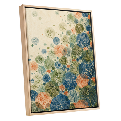 Woodland Constellations, blue, green, beige nature wall art shown as a oak framed canvas wall art