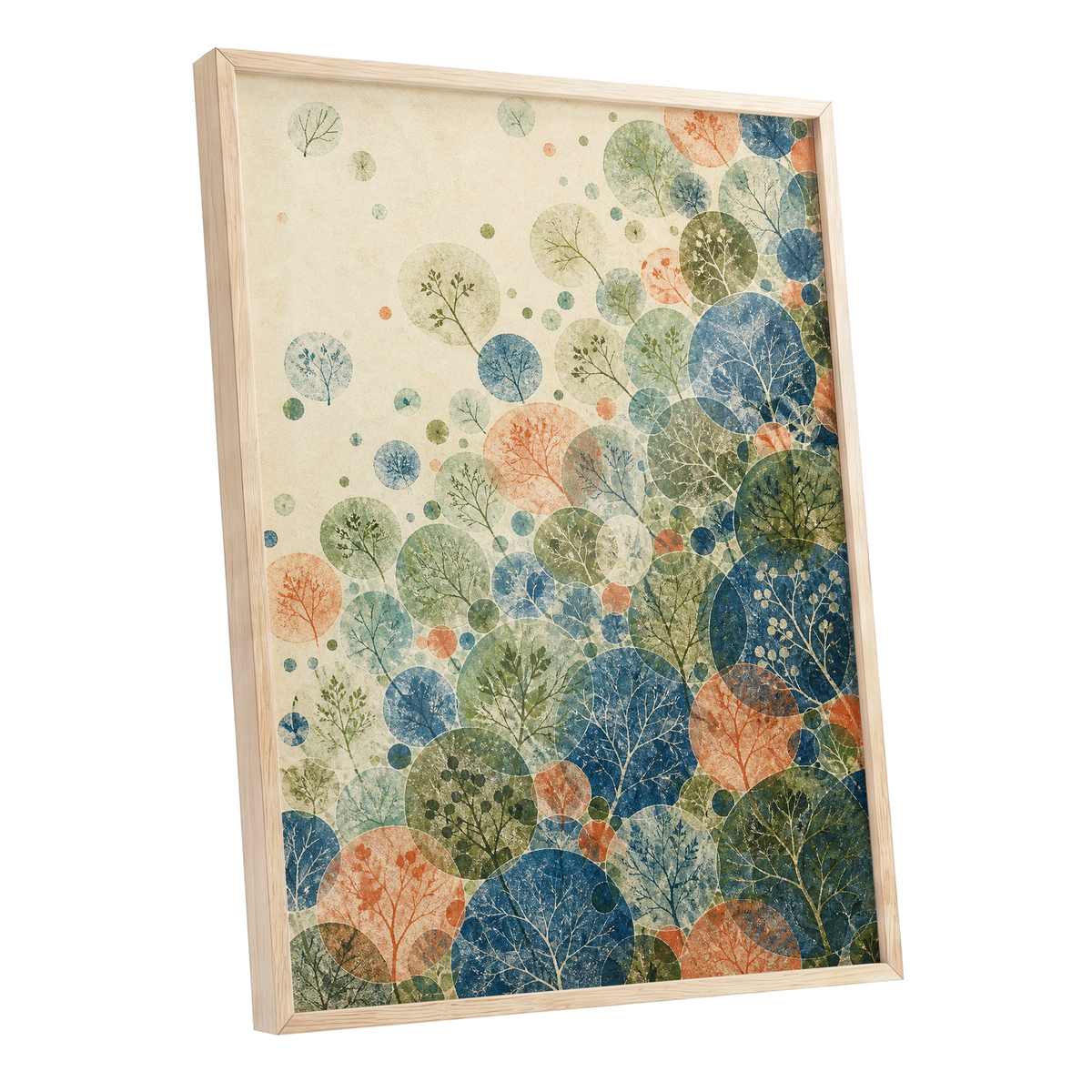 Woodland Constellations, blue, green, beige nature wall art shown as a oak framed poster wall art print