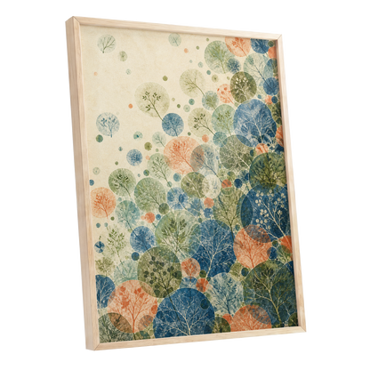 Woodland Constellations, blue, green, beige nature wall art shown as a oak framed poster wall art print