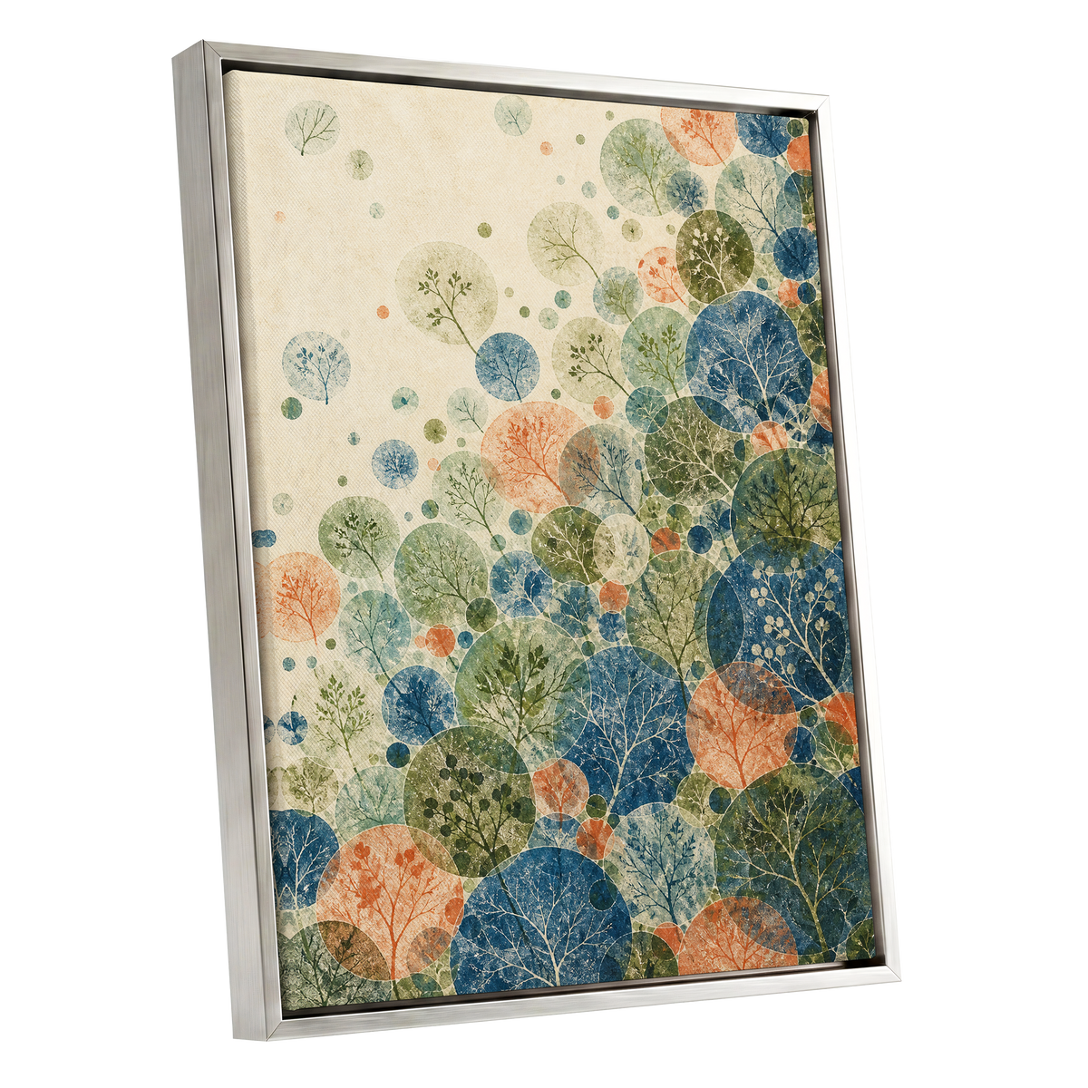 Woodland Constellations, blue, green, beige nature wall art shown as a silver framed canvas wall art