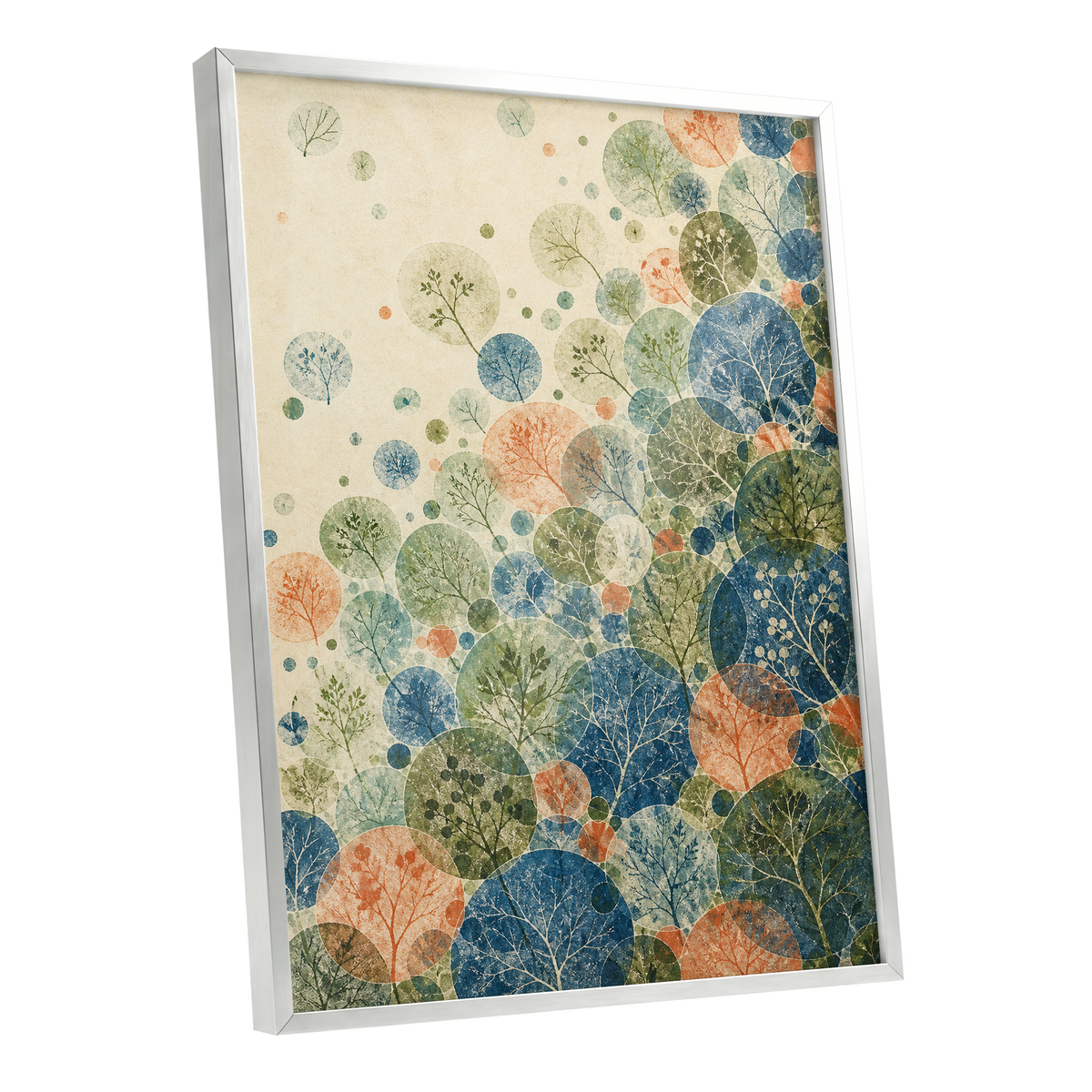 Woodland Constellations, blue, green, beige nature wall art shown as a silver framed poster wall art print