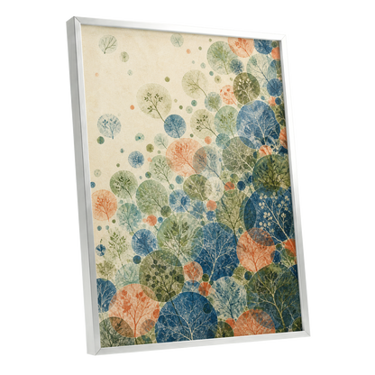 Woodland Constellations, blue, green, beige nature wall art shown as a silver framed poster wall art print