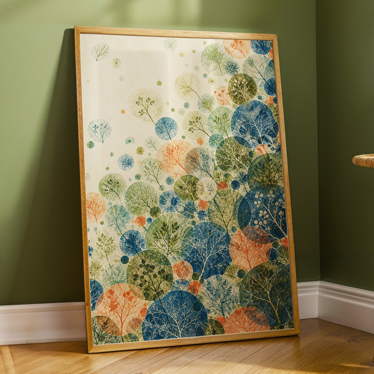 Woodland Constellations, blue, green, beige nature wall art displayed in a styled interior, gallery view 2