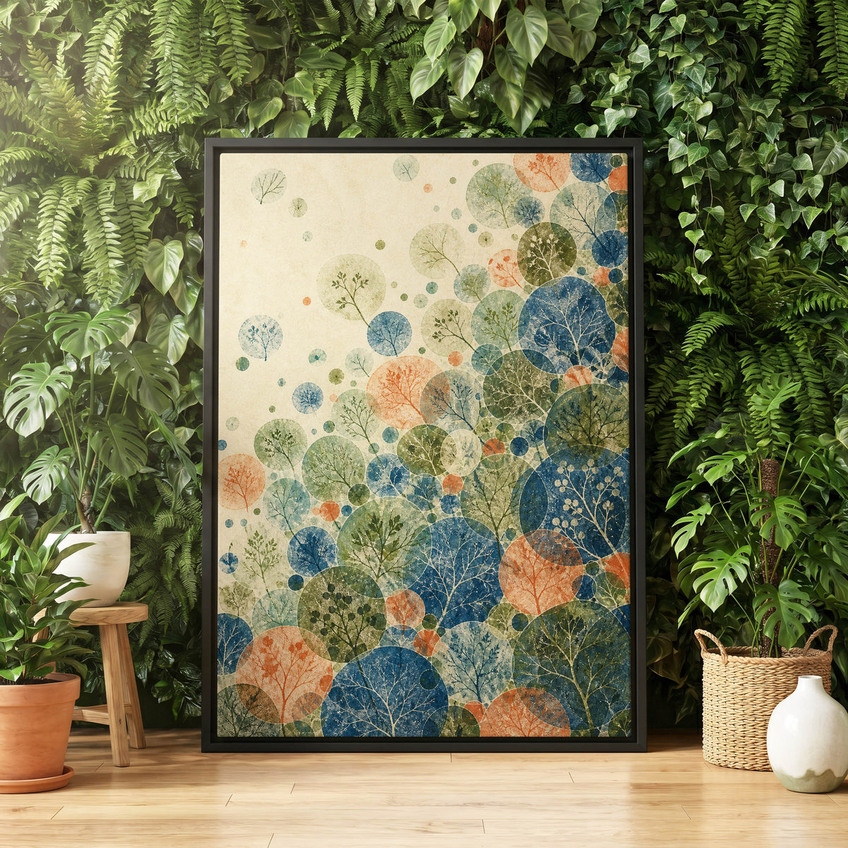 Woodland Constellations, blue, green, beige nature wall art displayed in a styled interior, gallery view 4