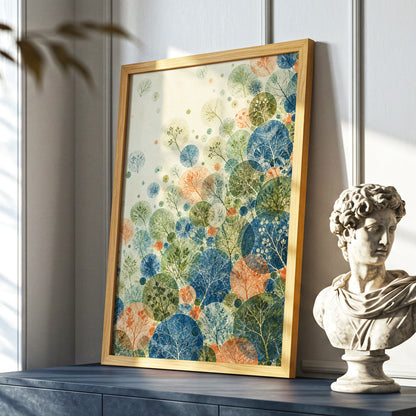 Woodland Constellations, blue, green, beige nature wall art displayed in a styled interior, gallery view 6