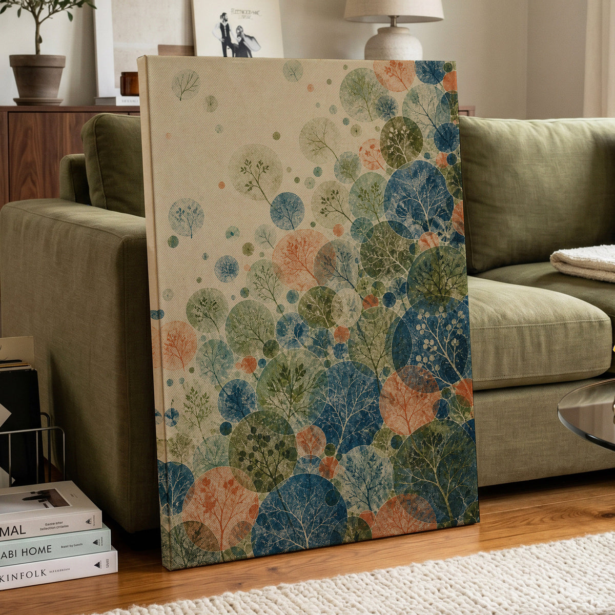Woodland Constellations, blue, green, beige nature wall art displayed in a styled interior, gallery view 7