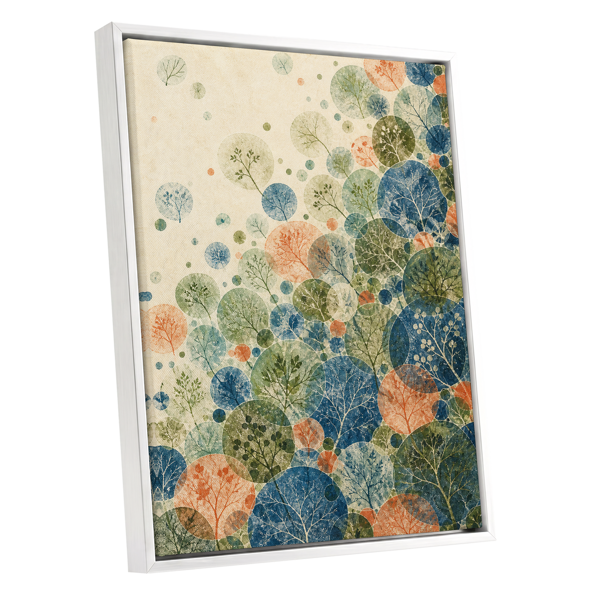 Woodland Constellations, blue, green, beige nature wall art shown as a white framed canvas wall art