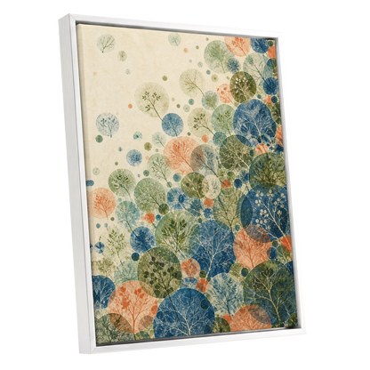 Woodland Constellations, blue, green, beige nature wall art shown as a white framed canvas wall art