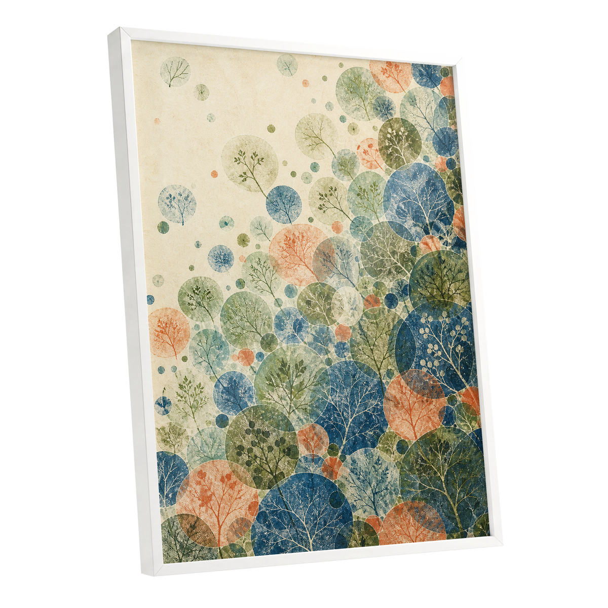 Woodland Constellations, blue, green, beige nature wall art shown as a white framed poster wall art print