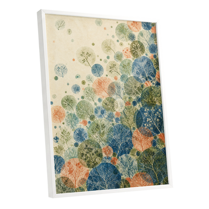 Woodland Constellations, blue, green, beige nature wall art shown as a white framed poster wall art print