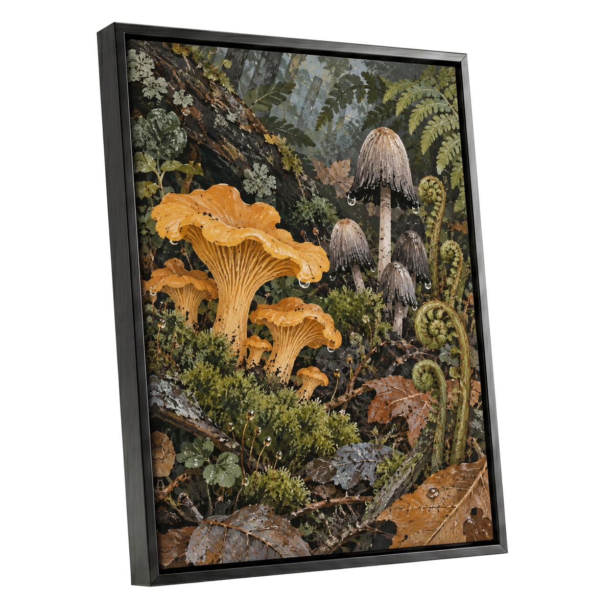 Woodland in Amber, green, orange, brown nature wall art shown as a black framed canvas wall art