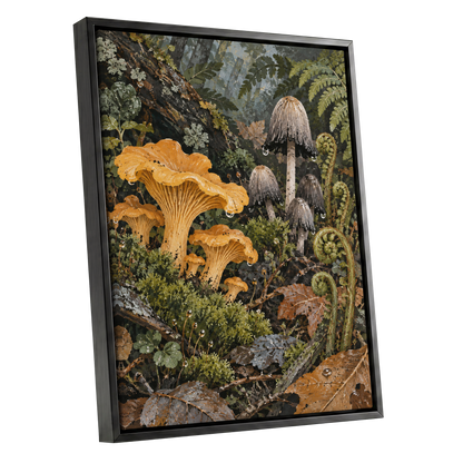 Woodland in Amber, green, orange, brown nature wall art shown as a black framed canvas wall art