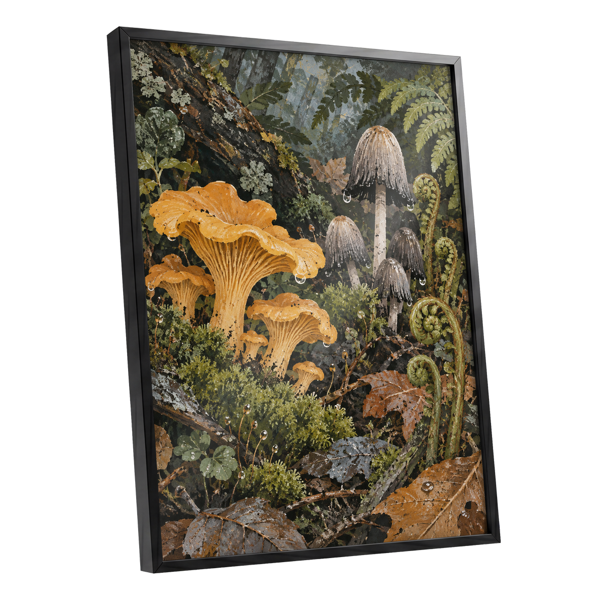 Woodland in Amber, green, orange, brown nature wall art shown as a black framed poster wall art print