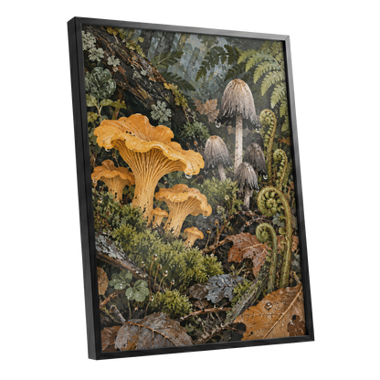 Woodland in Amber, green, orange, brown nature wall art shown as a black framed poster wall art print