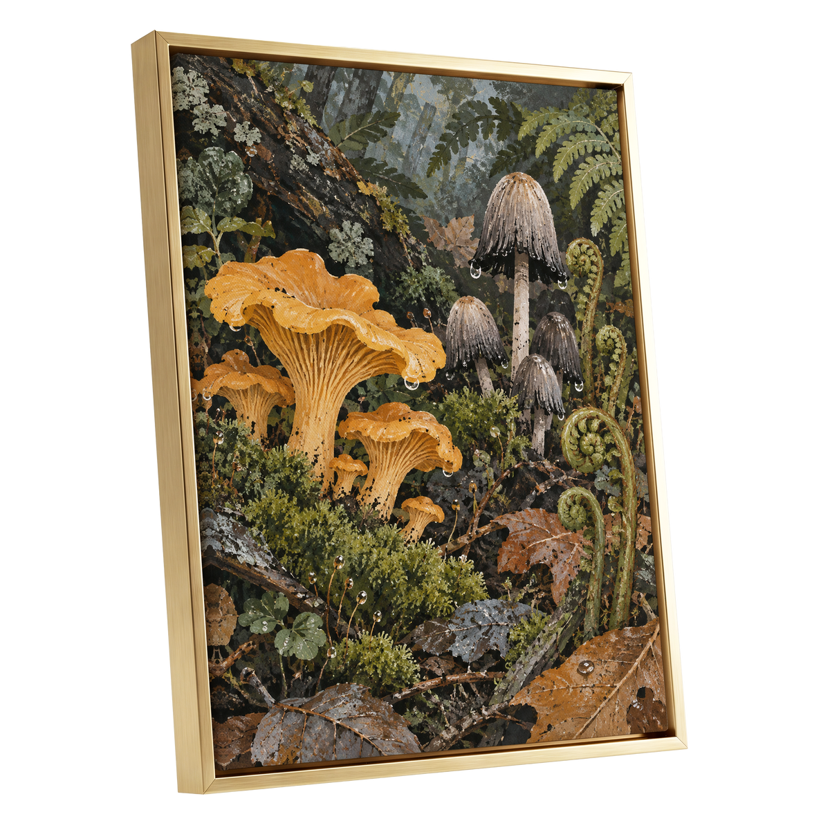 Woodland in Amber, green, orange, brown nature wall art shown as a gold framed canvas wall art