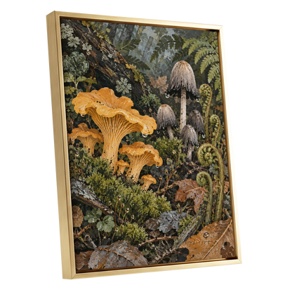 Woodland in Amber, green, orange, brown nature wall art shown as a gold framed canvas wall art