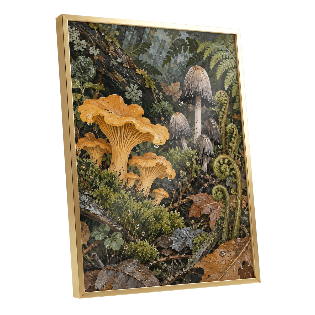 Woodland in Amber, green, orange, brown nature wall art shown as a gold framed poster wall art print