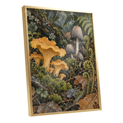Woodland in Amber, green, orange, brown nature wall art shown as a gold framed poster wall art print