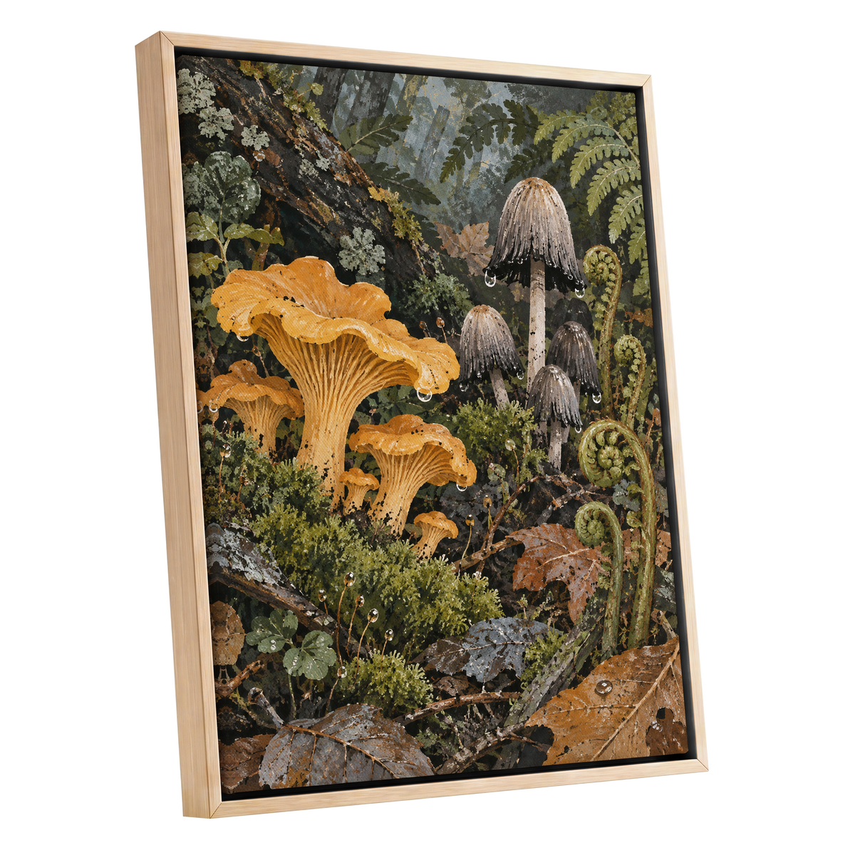 Woodland in Amber, green, orange, brown nature wall art shown as a oak framed canvas wall art