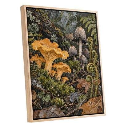 Woodland in Amber, green, orange, brown nature wall art shown as a oak framed canvas wall art