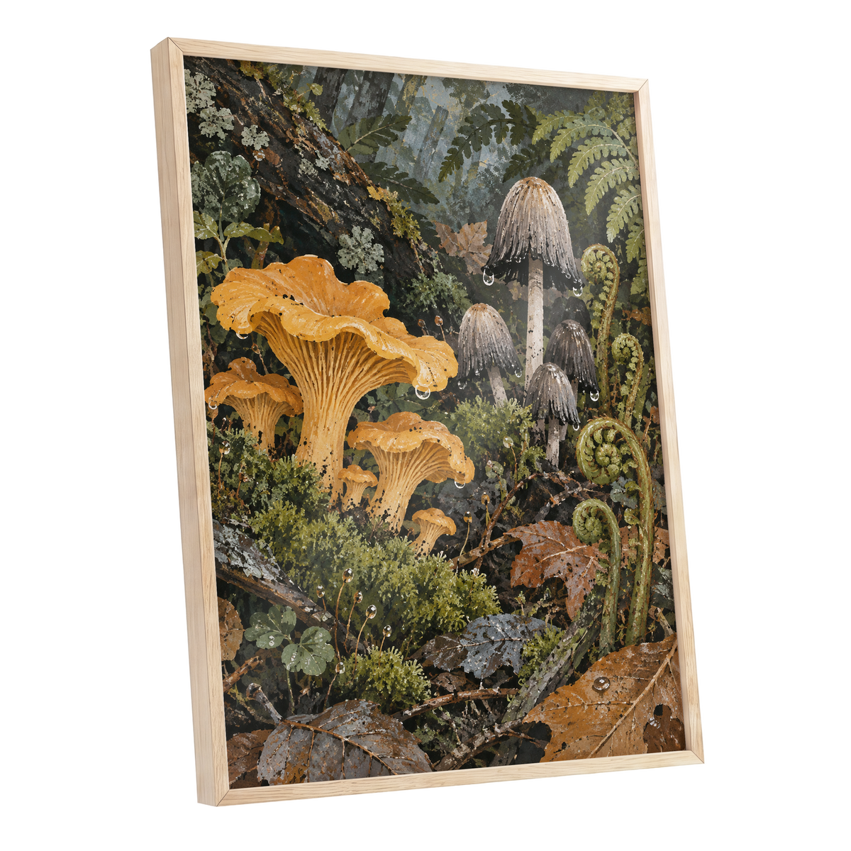 Woodland in Amber, green, orange, brown nature wall art shown as a oak framed poster wall art print